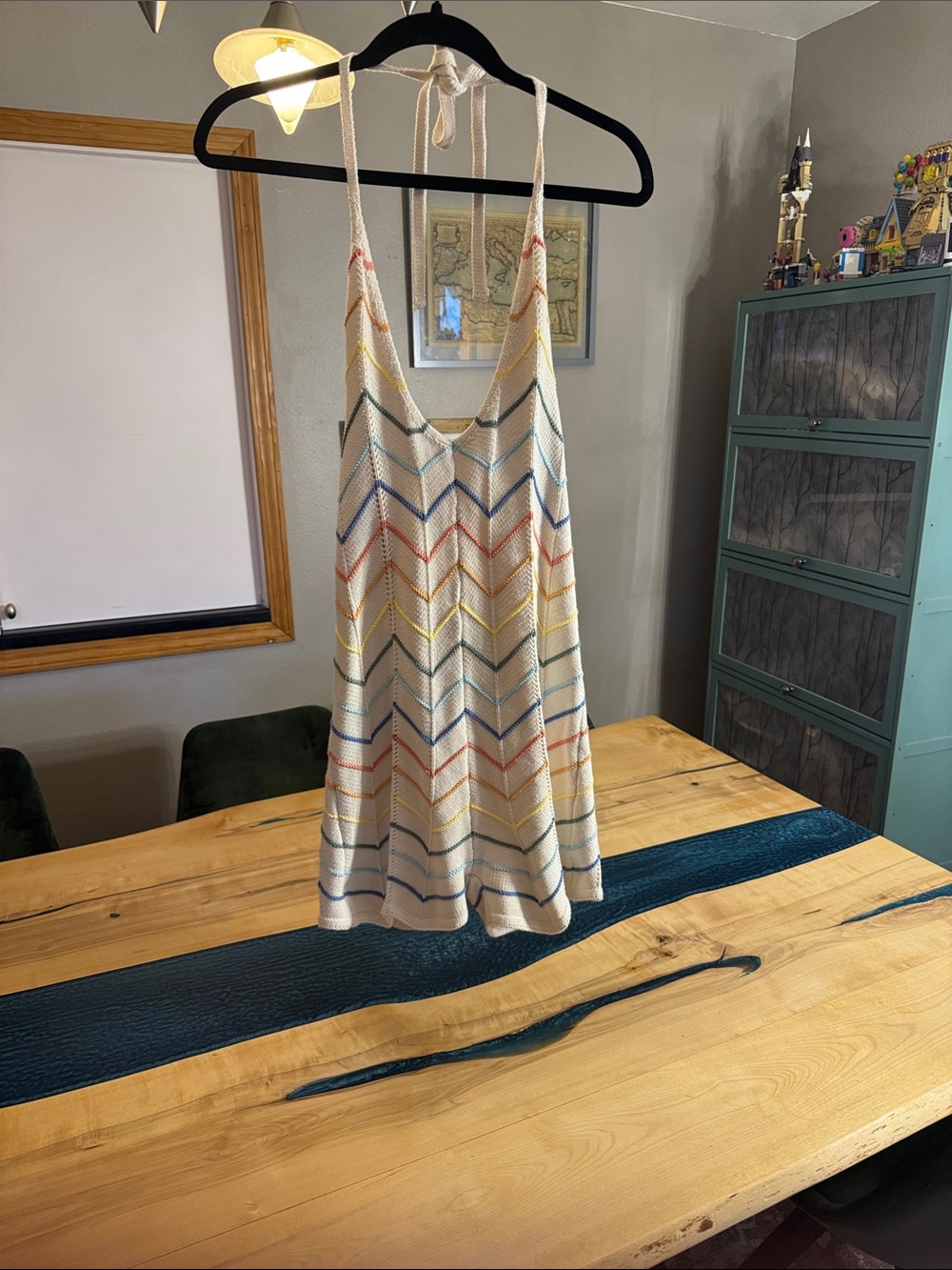 Crochet Chevron Halter Romper in Cream with Multicolor Stripes